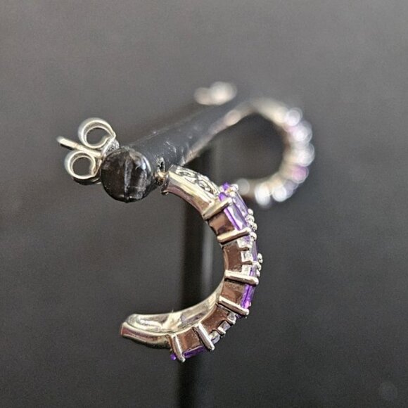 Vintage AVON Rhinestone and Amethyst Gemstone Small Stud Huggie Hoop Earrings - Picture 5 of 6